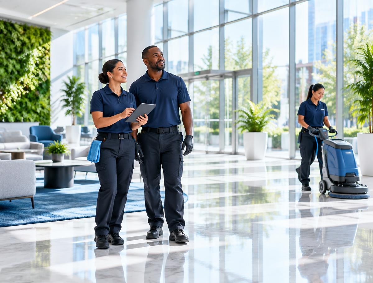 Commercial cleaning crew completing a quality check in a bright office lobby