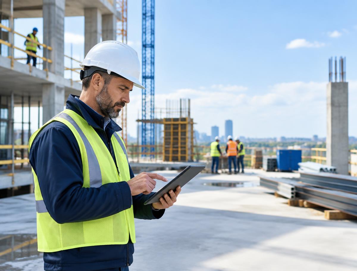Construction supervisor reviewing field progress on a tablet at a commercial project