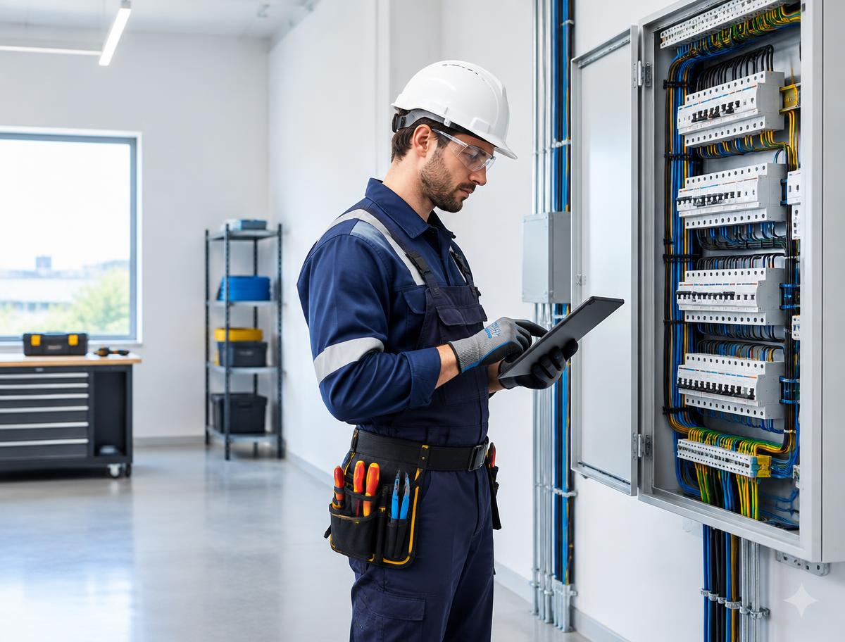 Electrician documenting a commercial electrical panel inspection on a tablet