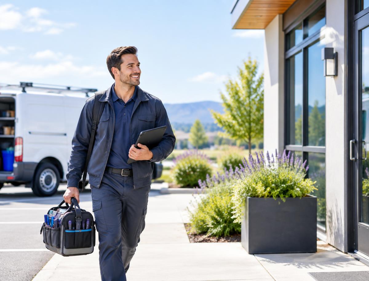Field service professional arriving at a customer property with a tablet and organized tools