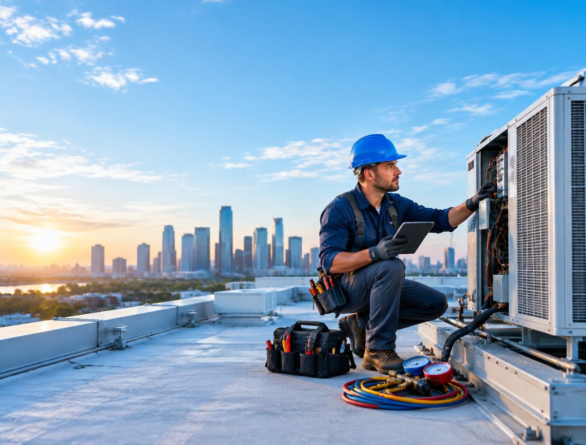 HVAC technician servicing rooftop equipment while reviewing details on a tablet
