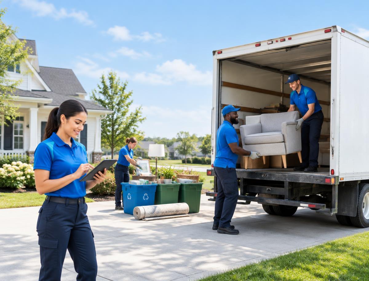 Junk removal crew loading sorted items into a clean truck while the lead confirms the pickup
