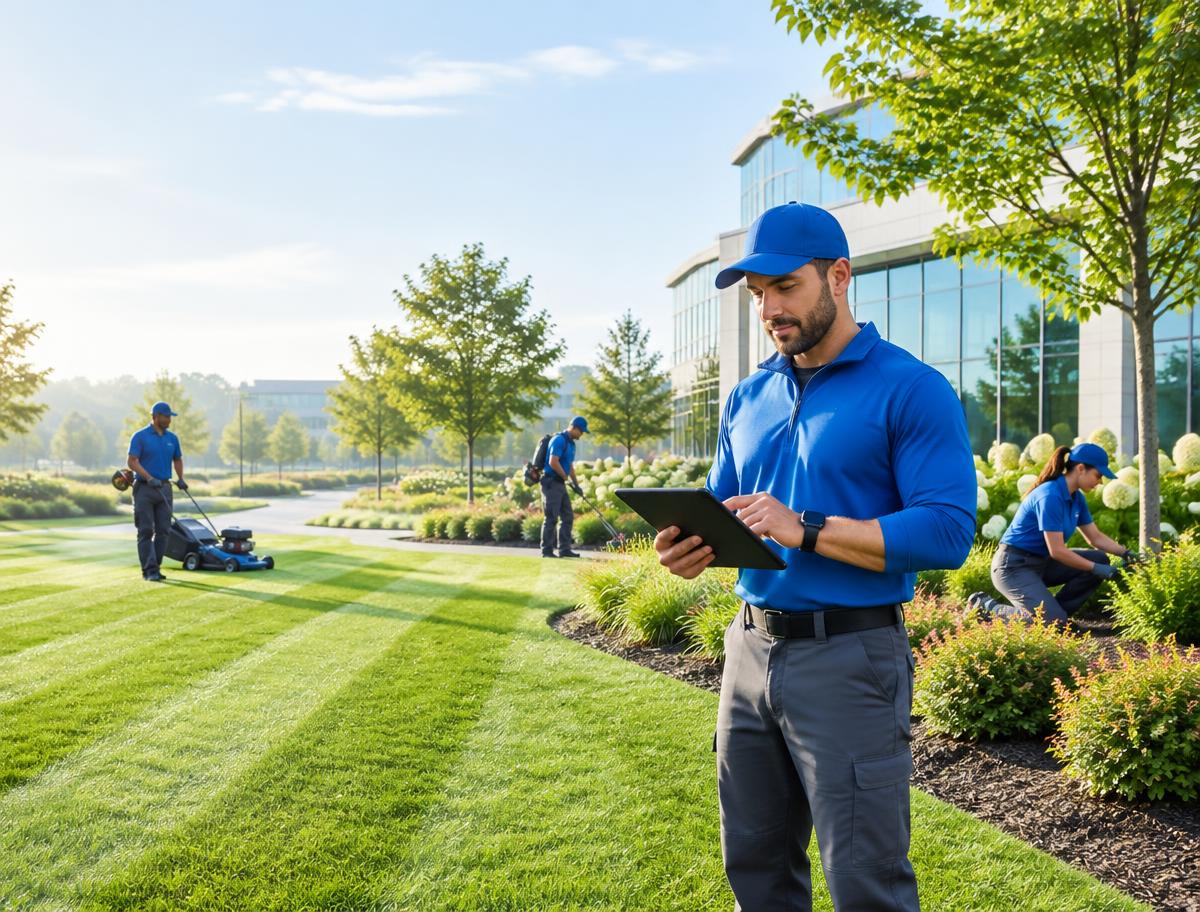 Landscaping crew maintaining a commercial property while the crew lead reviews the route