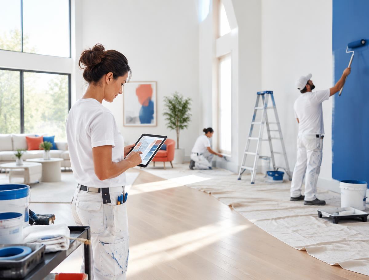 Professional painting crew finishing a bright interior while a lead reviews job details