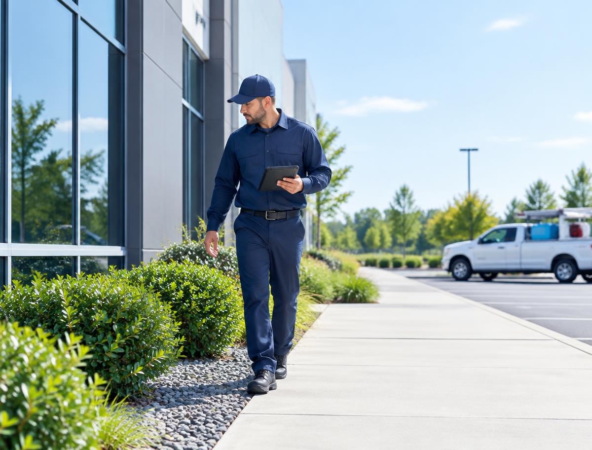 Pest control technician inspecting a commercial property perimeter with a tablet
