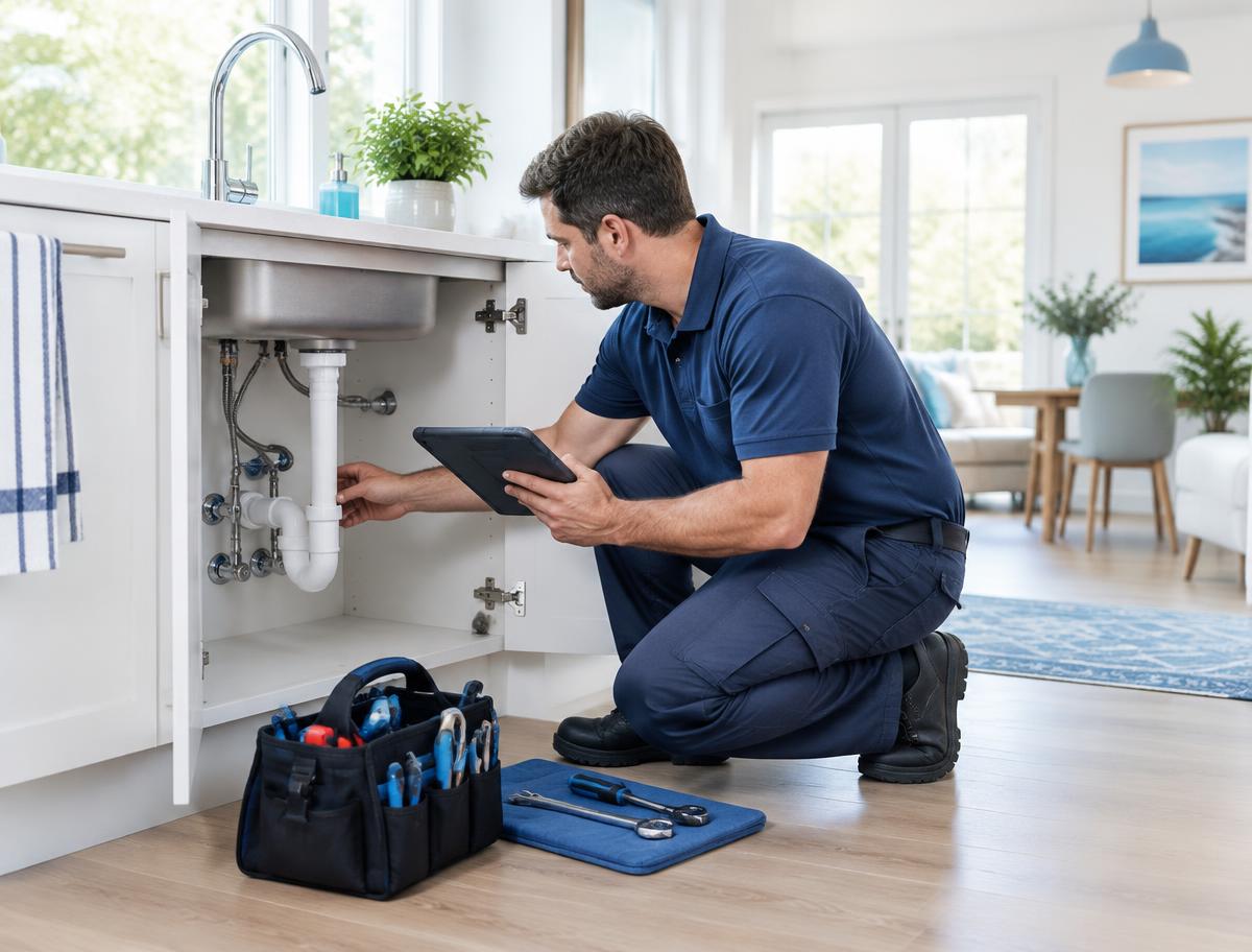 Plumber diagnosing a kitchen sink installation with a tablet and organized tools