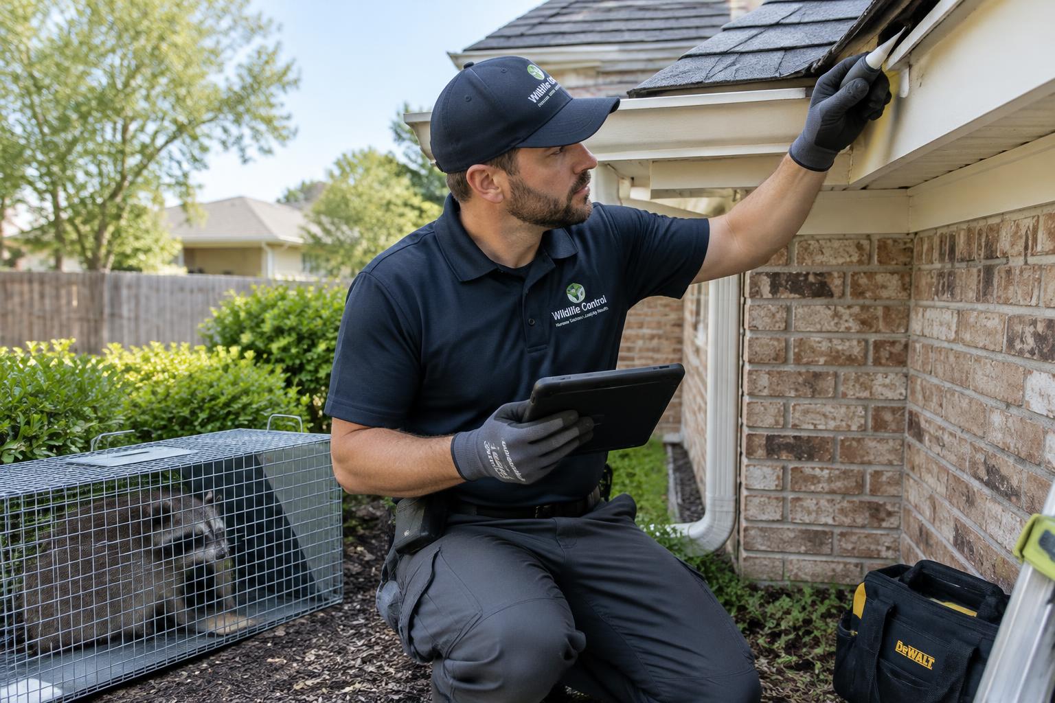 Wildlife control technician sealing a roofline entry point beside a humane live trap